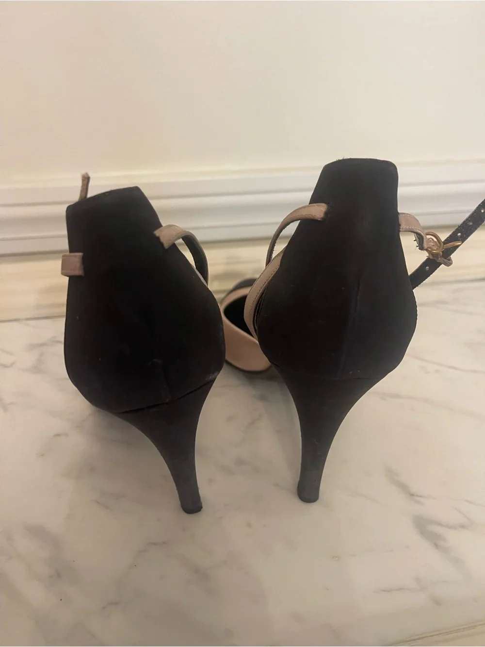 Salvatore Ferragamo Two-Tone Beige and Black Ankle-Strap Pumps